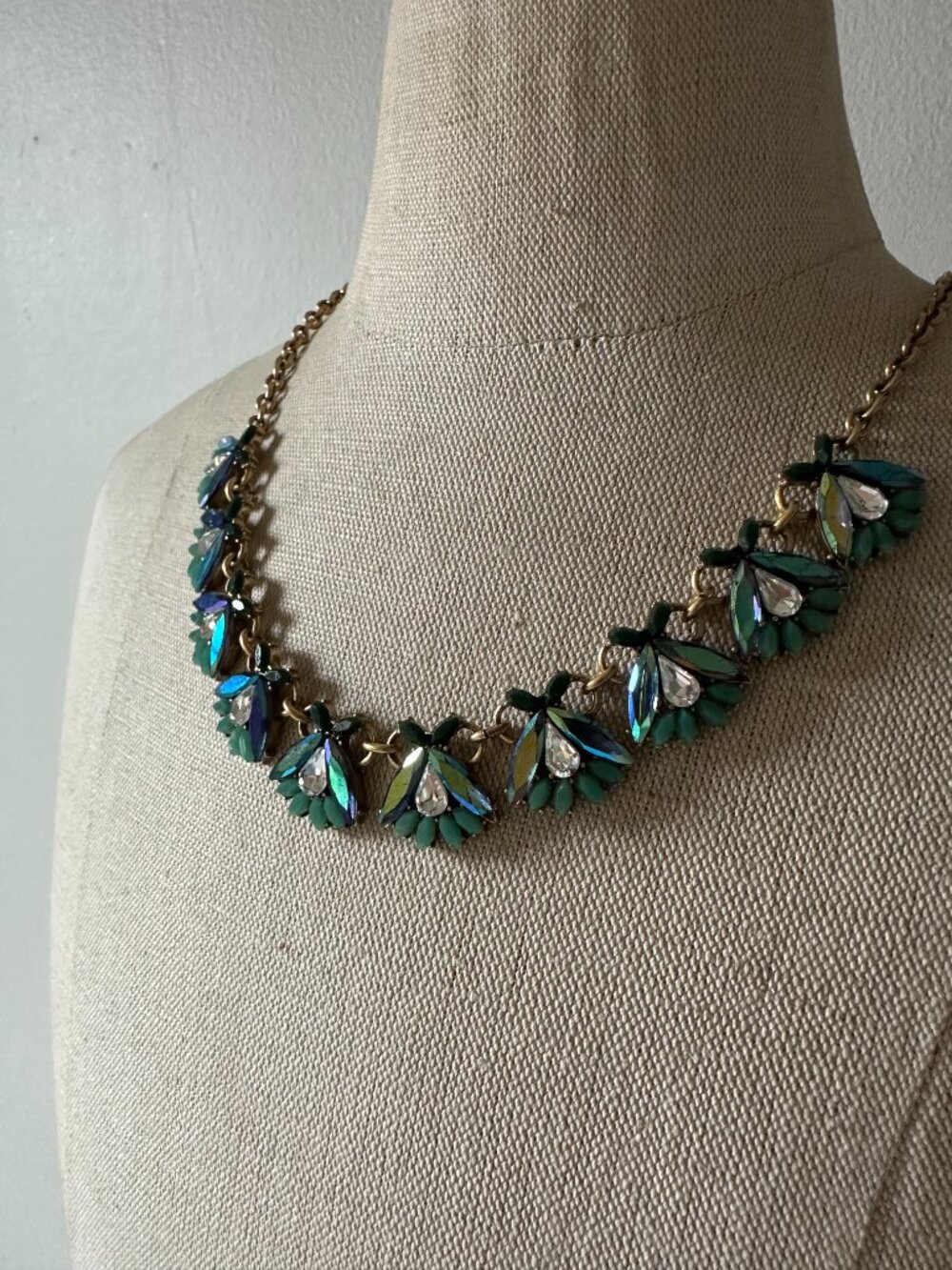 Iridescent Crystal Beetle Statement Necklace Gold Tone Green Blue Bib Collar